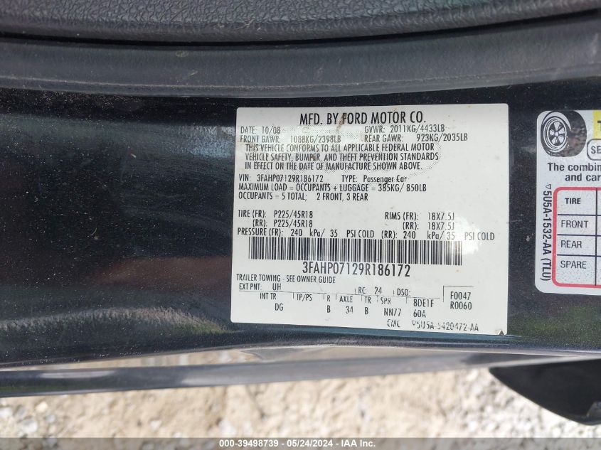 2009 Ford Fusion Se VIN: 3FAHP07129R186172 Lot: 39498739