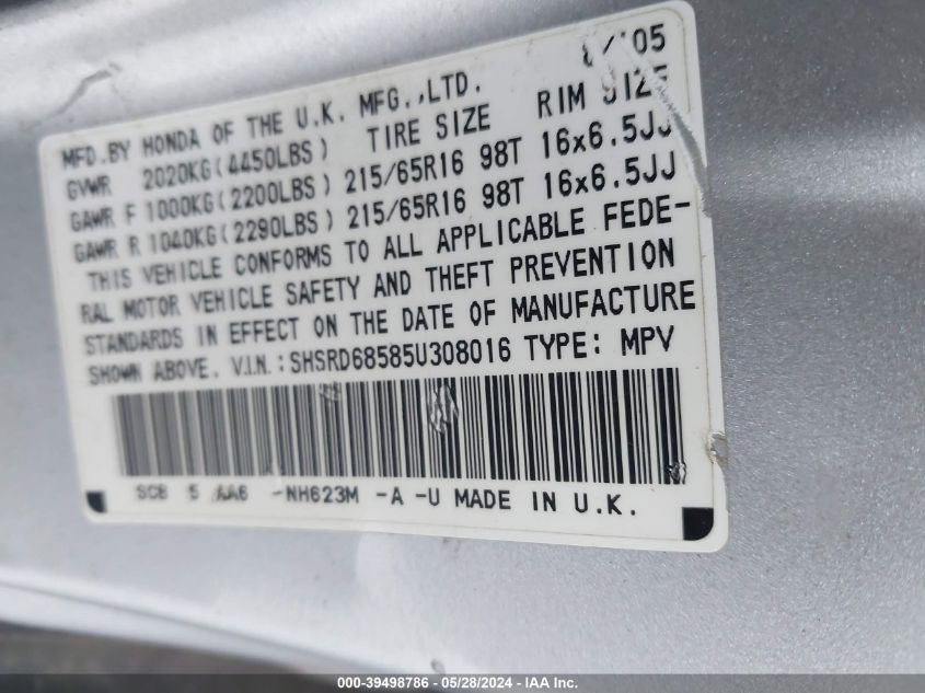 2005 Honda Cr-V Lx VIN: SHSRD68585U308016 Lot: 39498786