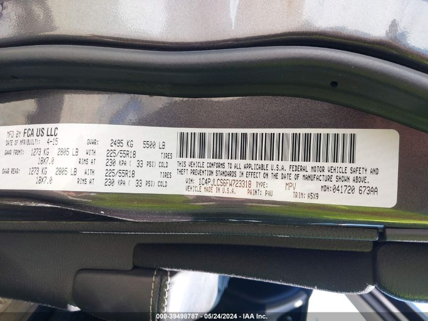 2015 Jeep Cherokee Latitude Altitude VIN: 1C4PJLCS6FW723318 Lot: 39498787