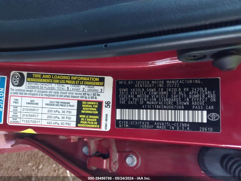 2022 Toyota Camry Le VIN: 4T1C11BK5NU067008 Lot: 39498788