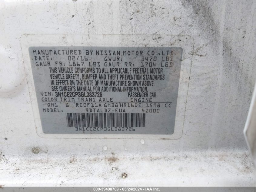 2016 Nissan Versa Note S (Sr)/S Plus/Sl/Sr/Sv VIN: 3N1CE2CP3GL383726 Lot: 39498789