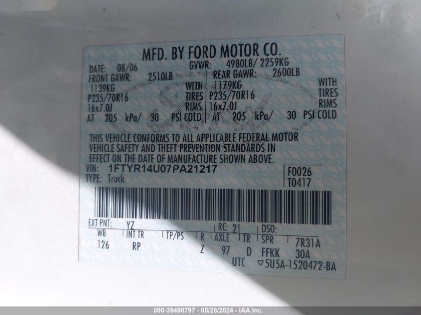 2007 Ford Ranger Sport/Stx/Xl/Xlt VIN: 1FTYR14U07PA21217 Lot: 39498797