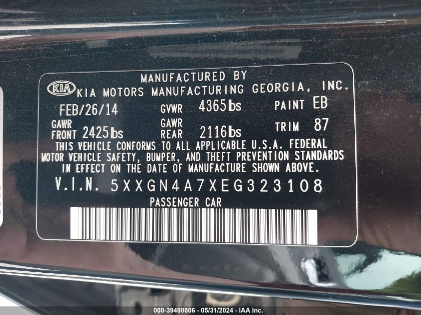 2014 Kia Optima Ex VIN: 5XXGN4A7XEG323108 Lot: 39498806