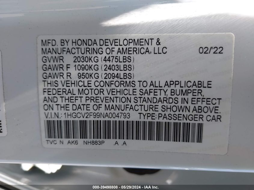 2022 Honda Accord Touring VIN: 1HGCV2F99NA004793 Lot: 39498808