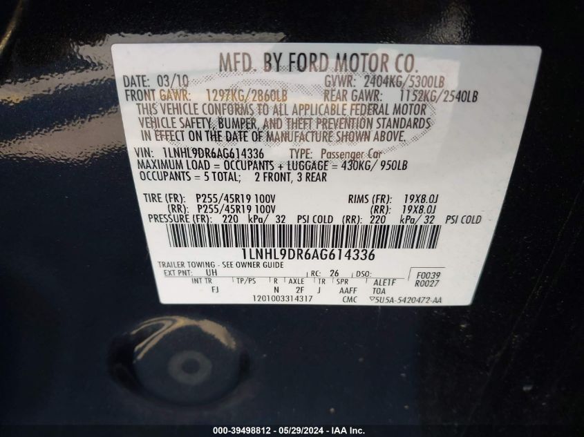 2010 Lincoln Mks VIN: 1LNHL9DR6AG614336 Lot: 39498812