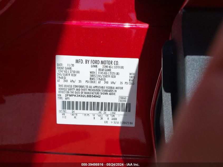 2020 Ford Edge Titanium VIN: 2FMPK3K92LBB54942 Lot: 39498816