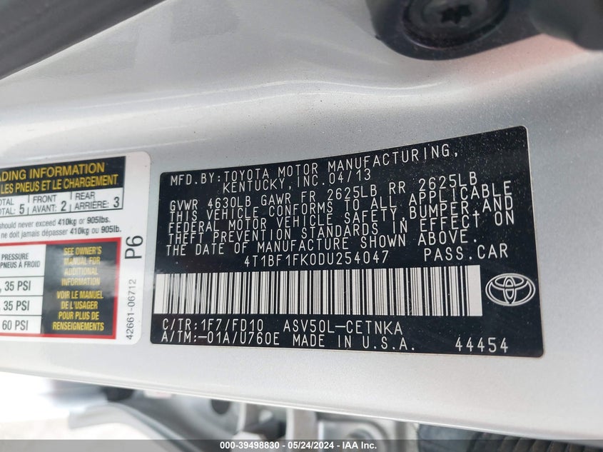 2013 Toyota Camry Le VIN: 4T1BF1FK0DU254047 Lot: 39498830