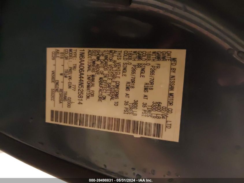 2004 Nissan Titan Le VIN: 1N6AA06A44N525814 Lot: 39498831