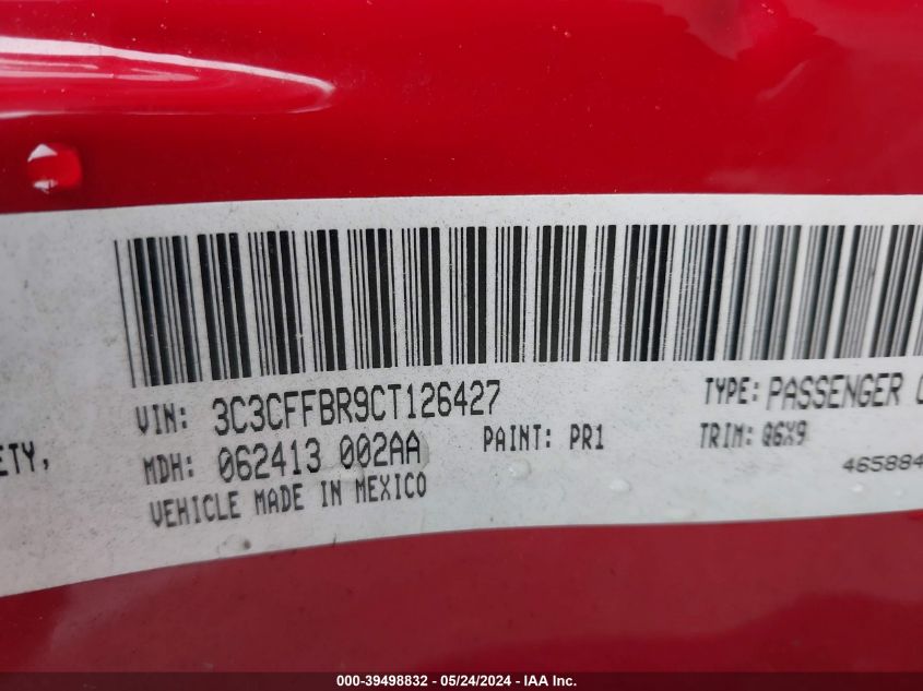 2012 Fiat 500 Sport VIN: 3C3CFFBR9CT126427 Lot: 39498832