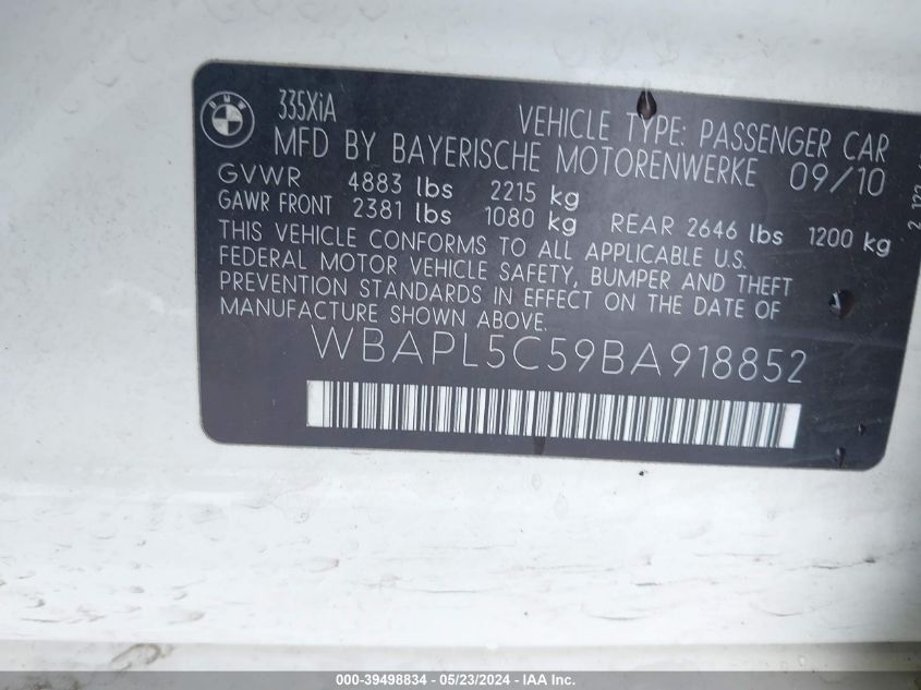 2011 BMW 335I xDrive VIN: WBAPL5C59BA918852 Lot: 39498834