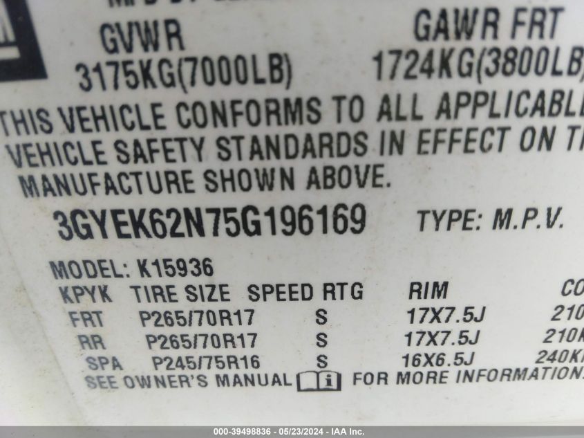 2005 Cadillac Escalade Ext Standard VIN: 3GYEK62N75G196169 Lot: 39498836