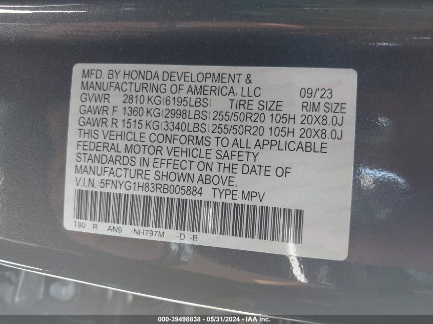 2024 Honda Pilot Awd Elite VIN: 5FNYG1H83RB005884 Lot: 39498838