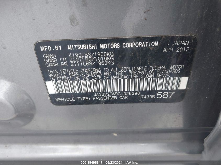 2012 Mitsubishi Lancer Se VIN: JA32V2FW0CU026398 Lot: 39498847