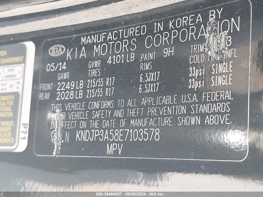 2014 Kia Soul + VIN: KNDJP3A58E7103578 Lot: 39498857