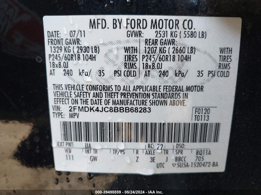 2011 Ford Edge Sel VIN: 2FMDK4JC8BBB68283 Lot: 39498859