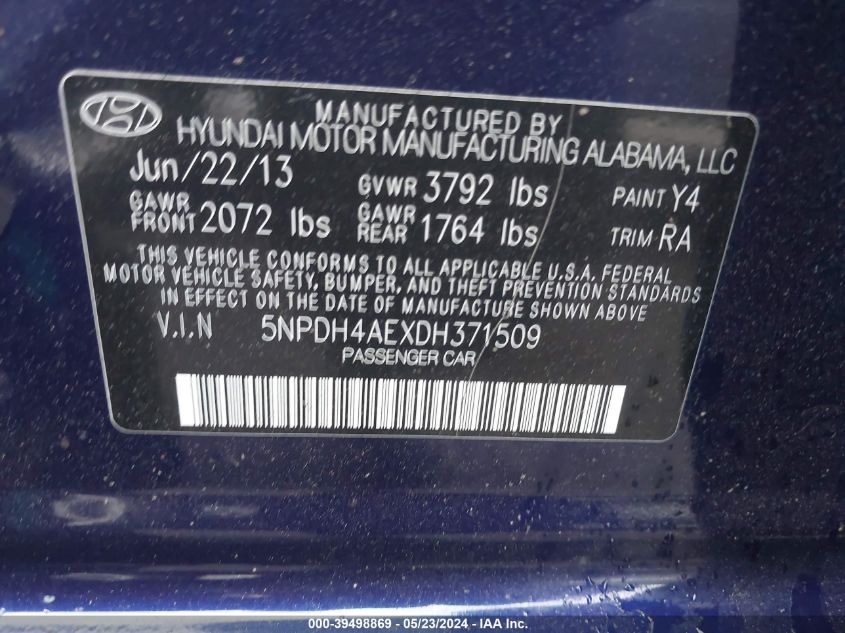 VIN 5NPDH4AEXDH371509 2013 Hyundai Elantra, Gls no.9