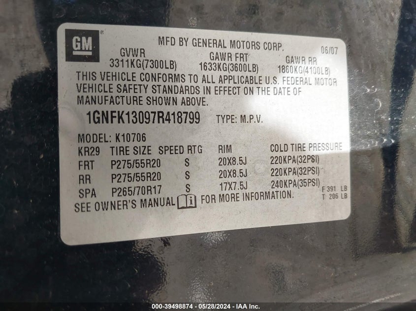 2007 Chevrolet Tahoe Ltz VIN: 1GNFK13097R418799 Lot: 39498874