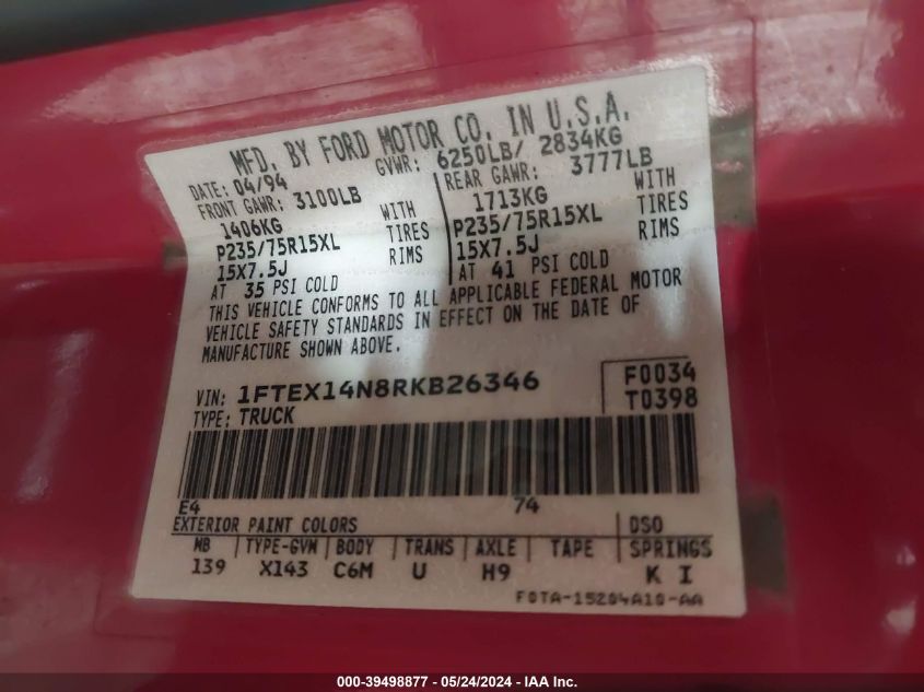 1994 Ford F150 VIN: 1FTEX14N8RKB26346 Lot: 39498877