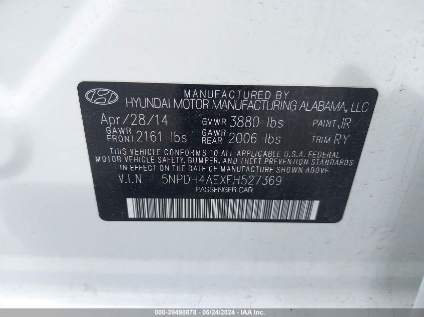 2014 Hyundai Elantra Limited VIN: 5NPDH4AEXEH527369 Lot: 39498878