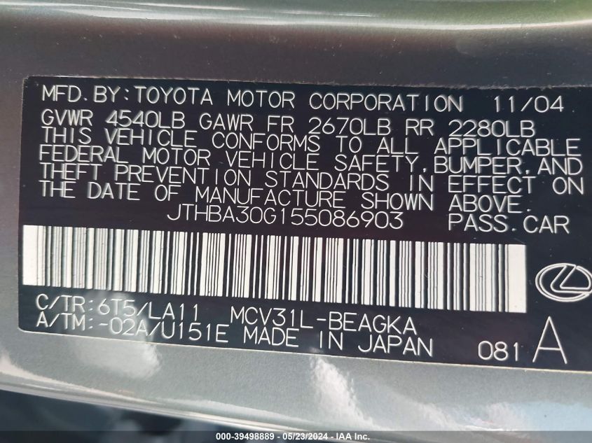 2005 Lexus Es 330 VIN: JTHBA30G155086903 Lot: 39498889