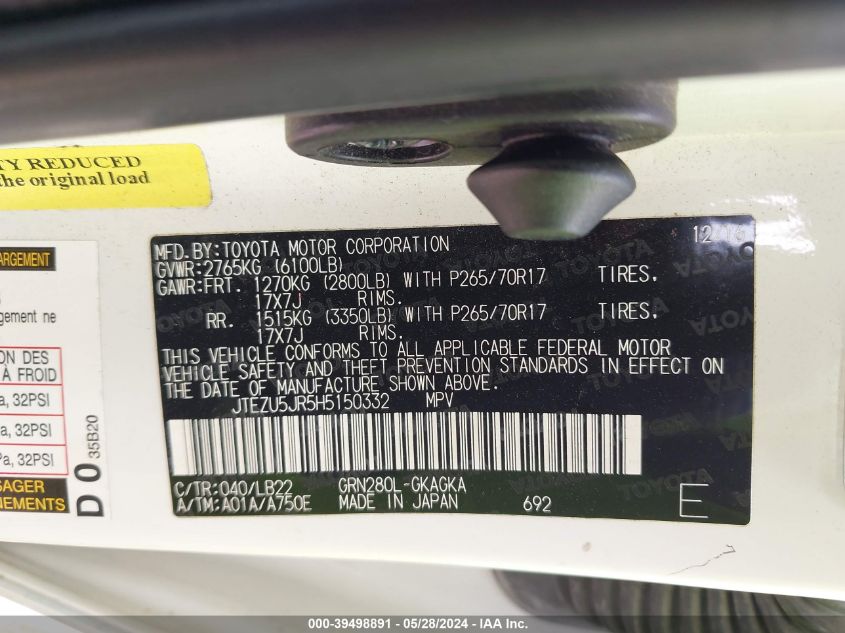 2017 Toyota 4Runner Sr5 Premium VIN: JTEZU5JR5H5150332 Lot: 39498891