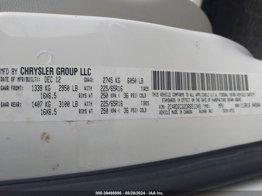 2013 Dodge Grand Caravan Sxt VIN: 2C4RDGCG2DR651249 Lot: 39498895