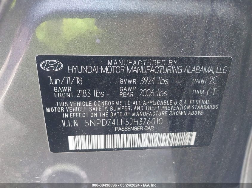 5NPD74LF5JH376010 2018 Hyundai Elantra Se
