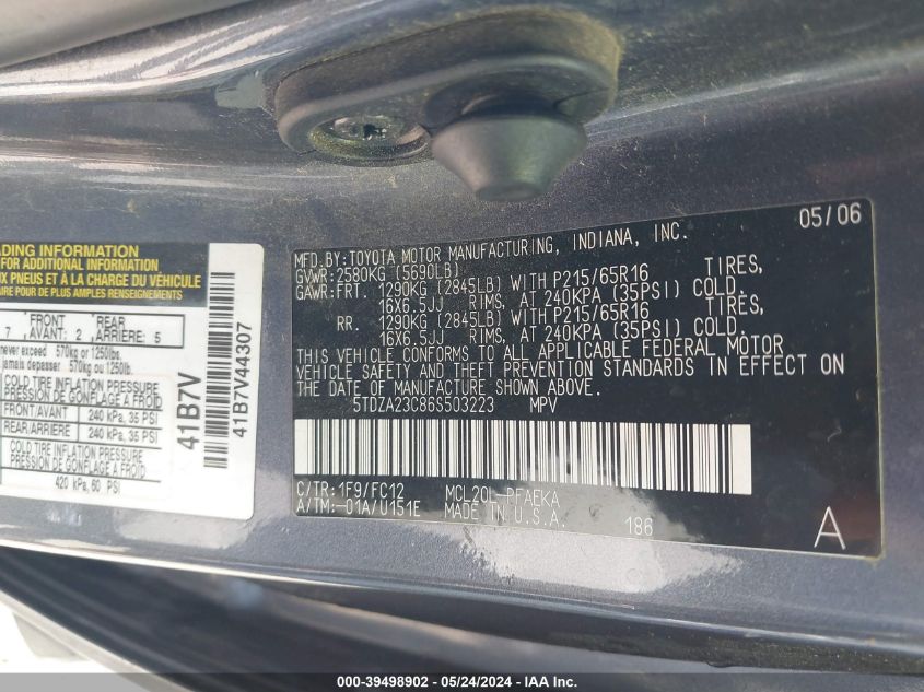 2006 Toyota Sienna Le VIN: 5TDZA23C86S503223 Lot: 39498902