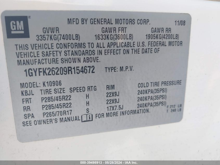 2009 Cadillac Escalade Esv Esv Luxury VIN: 1GYFK26209R154672 Lot: 39498913