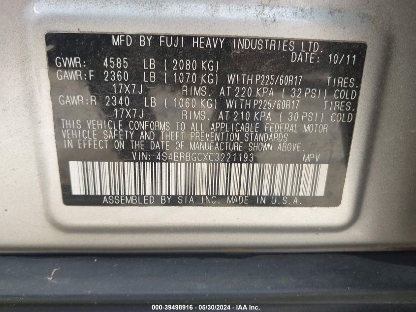 2012 Subaru Outback 2.5I Premium VIN: 4S4BRBGCXC3221193 Lot: 39498916
