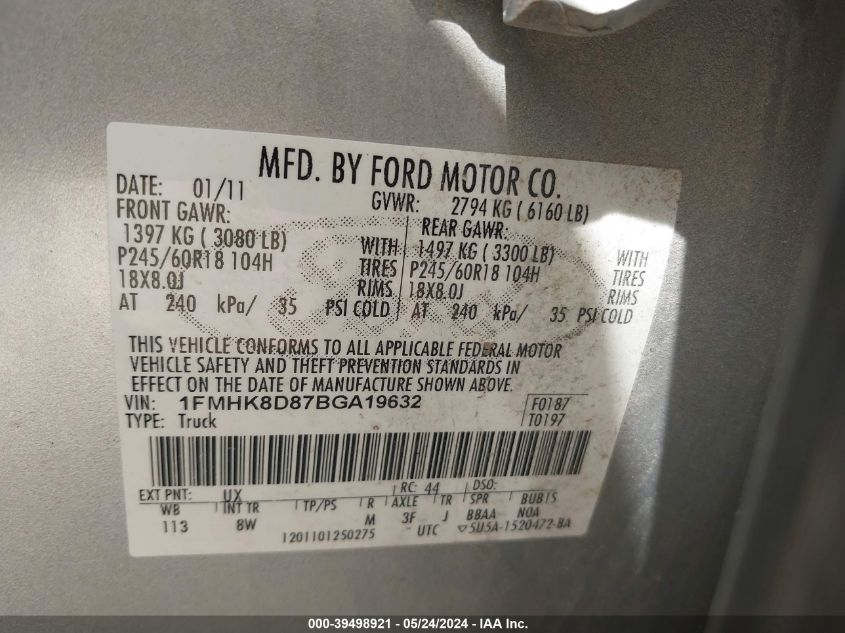 2011 Ford Explorer Xlt VIN: 1FMHK8D87BGA19632 Lot: 39498921