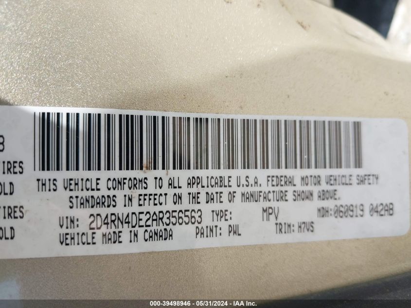 2010 Dodge Grand Caravan Se VIN: 2D4RN4DE2AR356563 Lot: 39498946