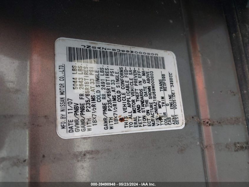 2009 Nissan Murano Sl VIN: JN8AZ18U69W000803 Lot: 39498948