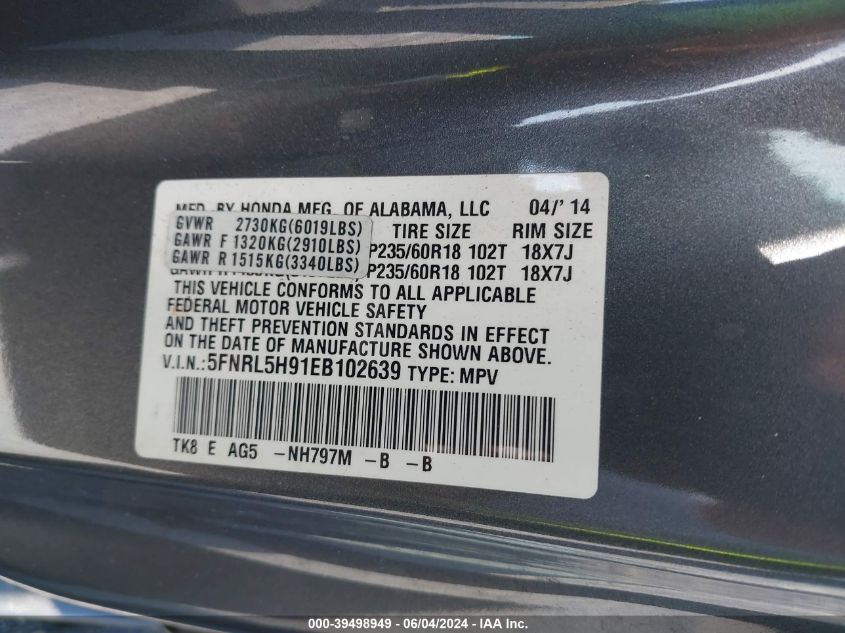 2014 Honda Odyssey Touring/Touring Elite VIN: 5FNRL5H91EB102639 Lot: 39498949