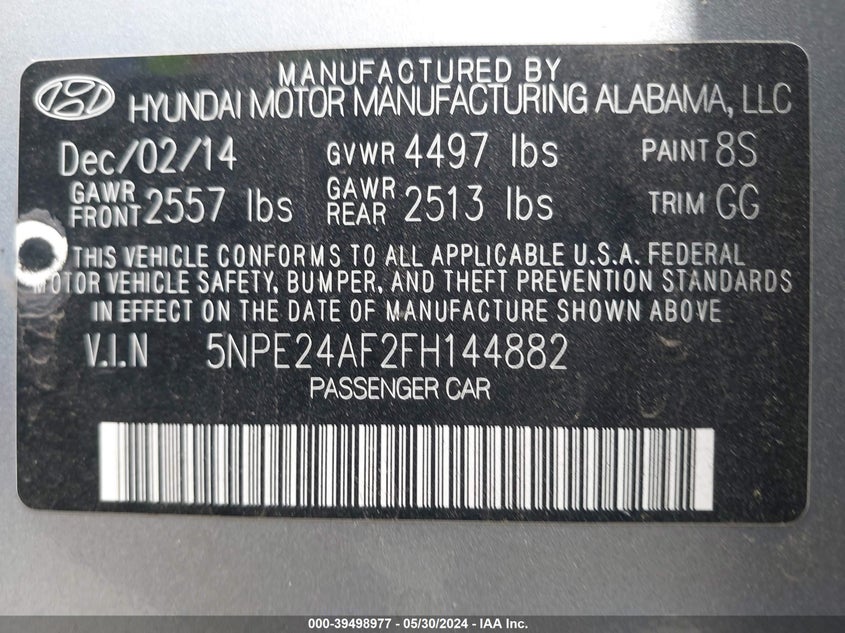 2015 Hyundai Sonata Se VIN: 5NPE24AF2FH144882 Lot: 39498977