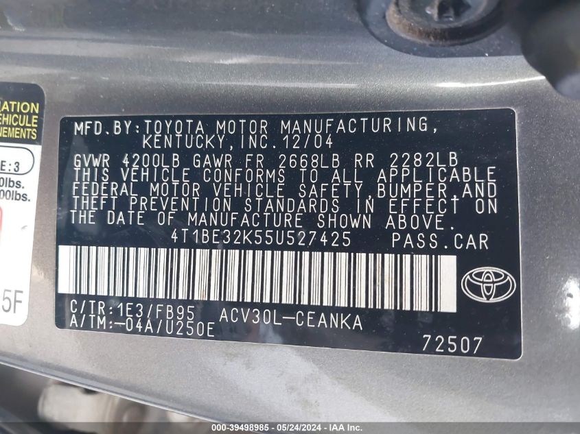 4T1BE32K55U527425 2005 Toyota Camry Le