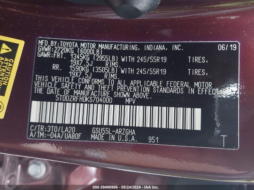 2019 Toyota Highlander Limited VIN: 5TDDZRFH0KS704000 Lot: 39498986