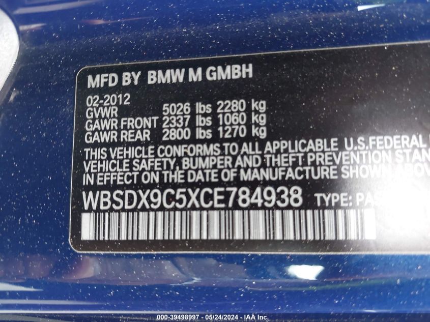 2012 BMW M3 VIN: WBSDX9C5XCE784938 Lot: 39498997