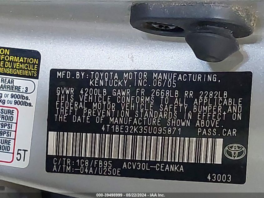 2005 Toyota Camry Std VIN: 4T1BE32K35U095871 Lot: 39498999