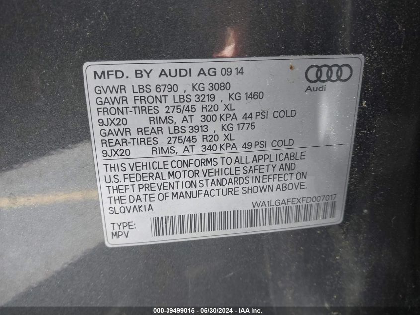 2015 Audi Q7 3.0T Premium VIN: WA1LGAFEXFD007017 Lot: 39499015