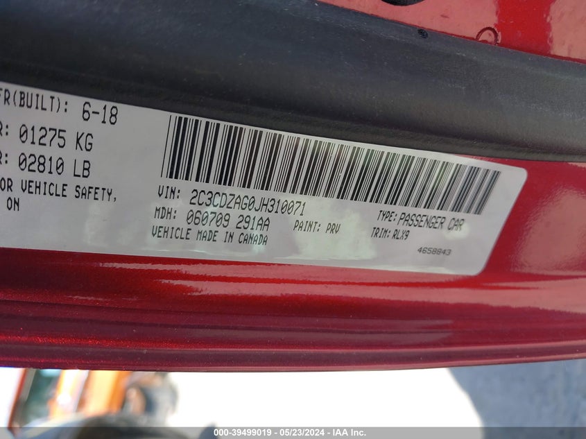 2018 DODGE CHALLENGER VIN: 2C3CDZAG0JH310071
