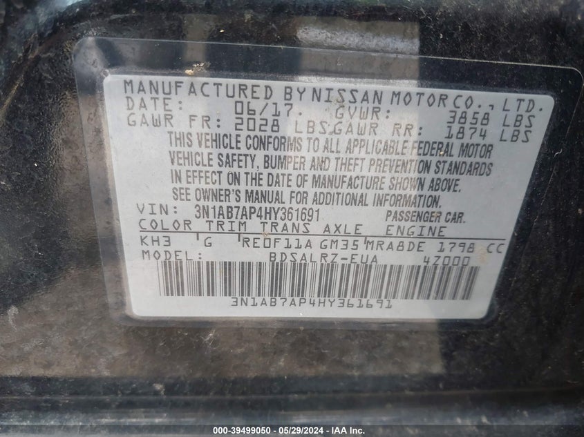 2017 Nissan Sentra Sr VIN: 3N1AB7AP4HY361691 Lot: 39499050