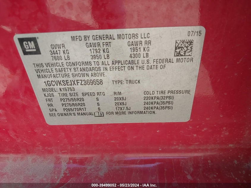 2015 CHEVROLET SILVERADO 1500 1LZ - 1GCVKSEJXFZ369658