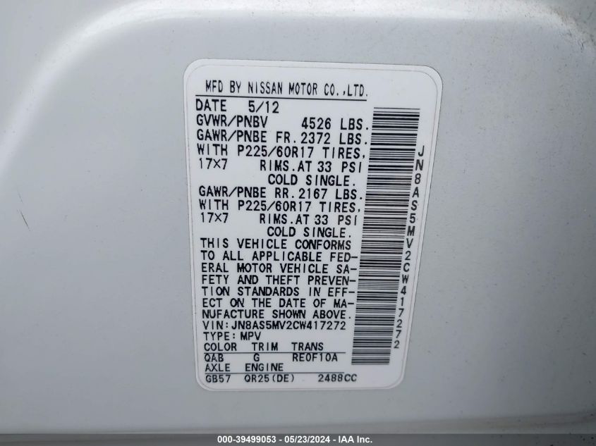 2012 Nissan Rogue Sv VIN: JN8AS5MV2CW417272 Lot: 39499053