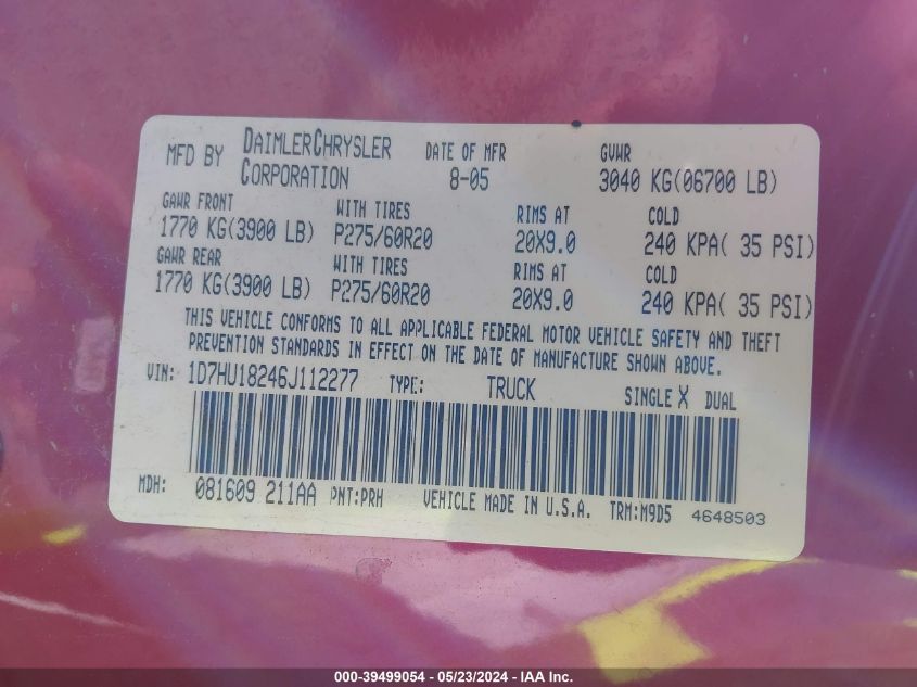 2006 Dodge Ram 1500 Slt/Trx4 Off Road/Sport VIN: 1D7HU18246J112277 Lot: 39499054
