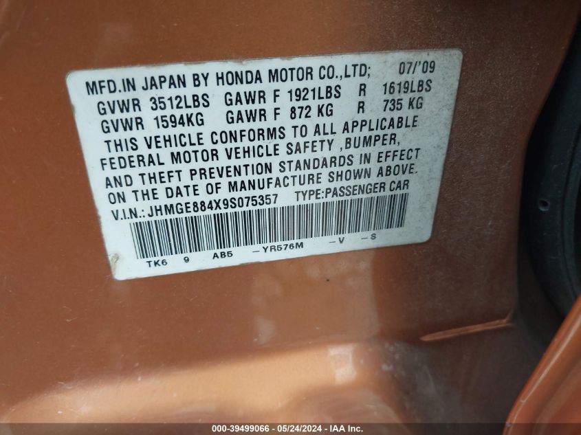 2009 Honda Fit Sport VIN: JHMGE884X9S075357 Lot: 39499066