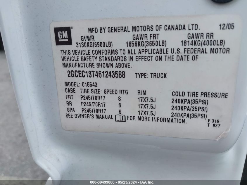 2006 Chevrolet Silverado 1500 Lt1 VIN: 2GCEC13T461243588 Lot: 39499080