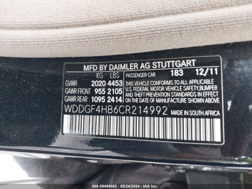 2012 Mercedes-Benz C 250 Luxury/Sport VIN: WDDGF4HB6CR214992 Lot: 39499082