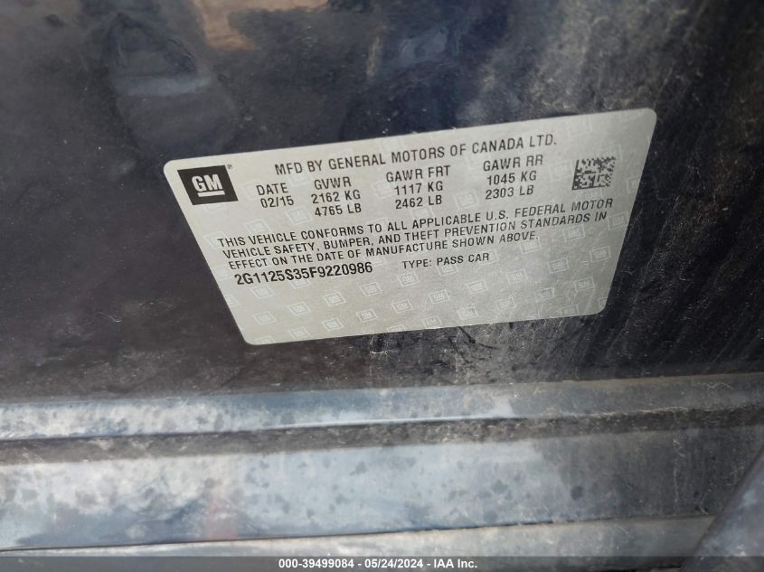2015 Chevrolet Impala 2Lt VIN: 2G1125S35F9220986 Lot: 39499084