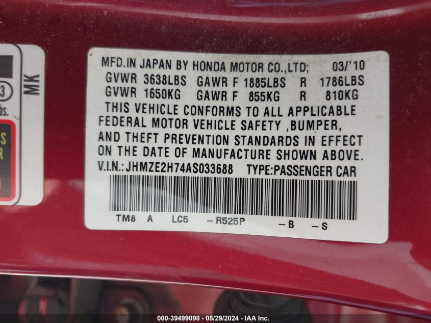 2010 Honda Insight Ex VIN: JHMZE2H74AS033688 Lot: 39499098